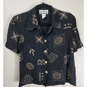 Vintage Sheri Martin New York Blouse Womens 6 Black Abstract Button Front USA...